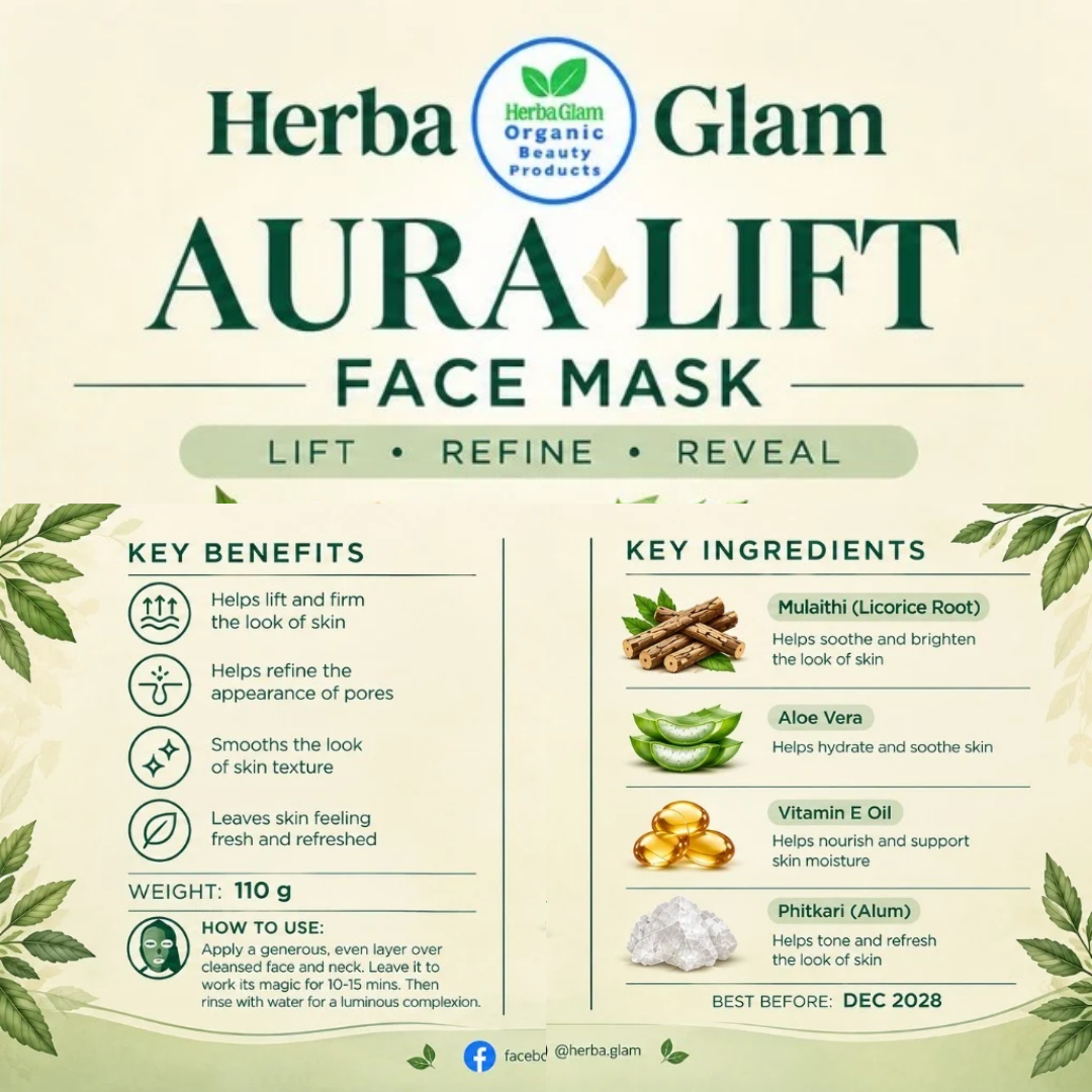 Herba Glam Aura Lift Face Mask label with key benefits, ingredients and directions