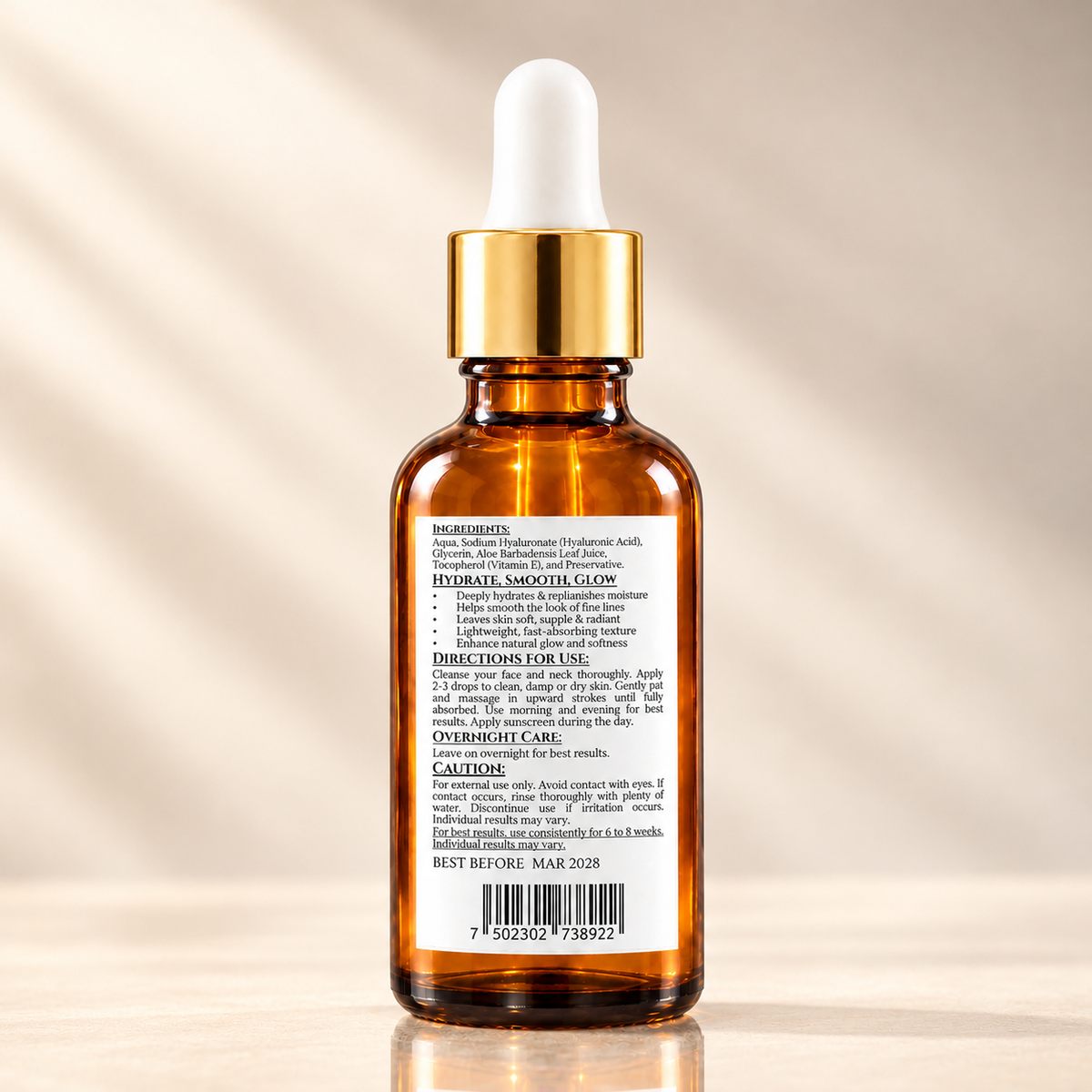 Ingredients and directions on HERBA GLAM Hyaluronic Acid Serum label